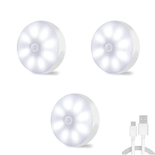 Paquete de 3 luces LED con sensor de movimiento, luz nocturna para armario, carga USB, iluminación debajo del gabinete, baño, escalera, pasillo, dormitorio, habitación de los niños, garaje