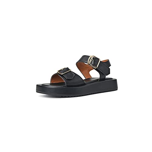 Sandales plates pour femmes avec plateforme et sangle à boucle ajustable en noir jaune et beige