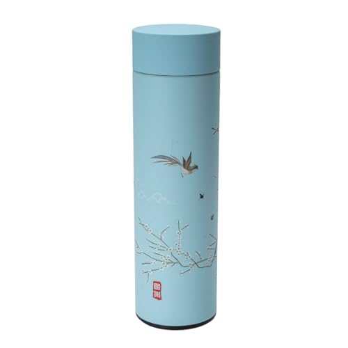 Urban Tokyo Vacuum Insulated Coffee Tea Travel Thermal Flask Water Bottle with Removable Strainer Featuring Elegant Asian Art Design 16.9 fl oz (Light Blue)