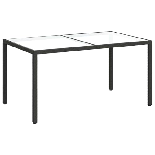 HFMDRMU Table de jardin avec plateau en verre trempé en polyrotin noir, 150 x 90 x 75 cm, pour jardin et terrasse