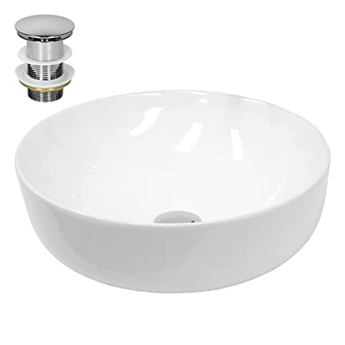 LuxeBath Waschbecken Keramik rund Ø 400 x 135 mm Weiß mit Ablaufgarnitur Silber, Aufsatzwaschbecken für Badezimmer/Gäste-WC, Modernes Aufsatzbecken, Waschtisch Waschschale Waschplatz Handwaschbecken