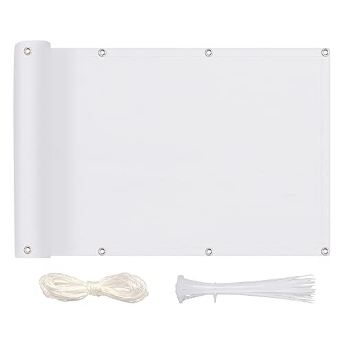 MEEYI Sichtschutz Balkon Sichtschutz 80x200cm, Balkonsichtschutz Blickdichte Wind- und UV-Schutz Wetterfest 100% Privatsphäre Balkonumspannung mit Ösen, Nylon Kabelbinder und Kordel, Weiß