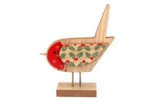 Gisela Graham Green, Red Wood Robin With Holly On Stand Christmas Ornament