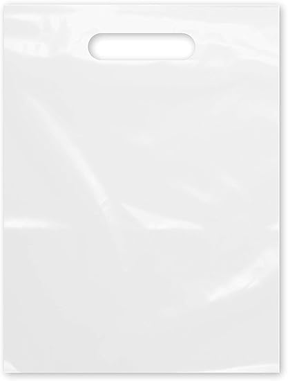 Plastic Shopping Bag with Die Cut Handle 12" x 15" White Plastic Merchandise Bags with Handle 100 Pack for Retail, Heavy Duty Bulk Bags
