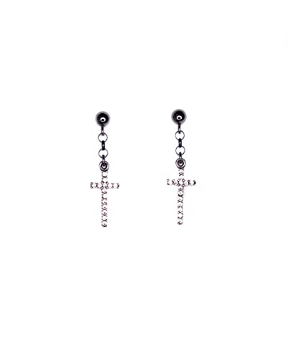 Black Earring For Men - Dangle Cross Earring In Oxidized Sterling Silver With Cz Diamonds - Single Or Pair - Handmade In The Usa (Pair / 2 Earrings) #TOP1