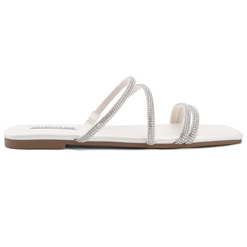 Image of STUNAHOME Women's Rhinestone Thong Flat Sandals Open Toe Slide Sandals with Square Toe Bling Strap