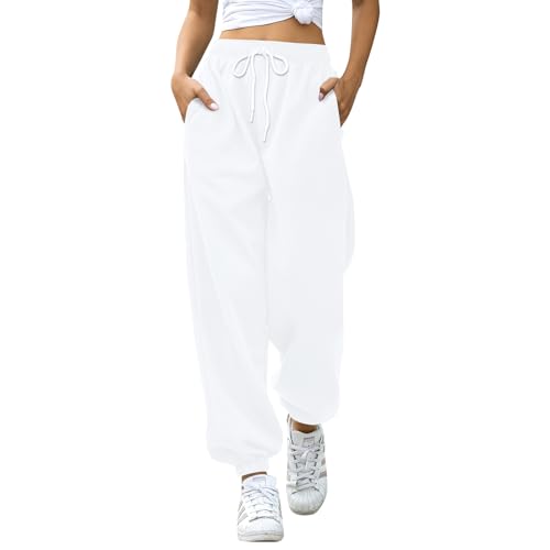 EBANKU Women's Cinch Bottom Sweatpants with Pockets Plain Tracksuit Baggy Elastic Waist Trousers for Casual Hip Hop, Gym and Jogging (85% Cotton) White
