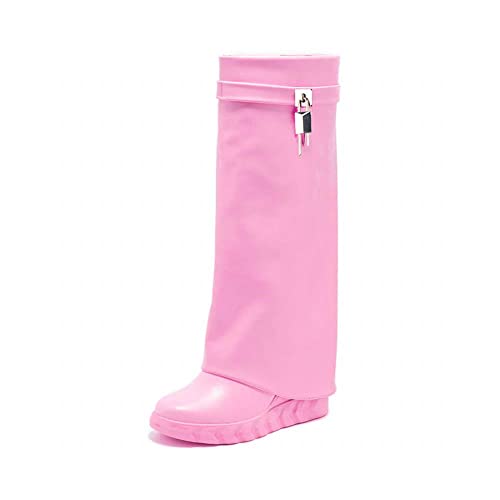 keleimusi PadLock Fold Over Knee High Biker Denim Jeans Boots for Women