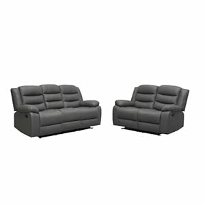 SQUAREBOXX Roma Recliner Sofa Set, Padded Armrests, Lumbar Support, High Density Foam Cushions (Grey Leather, 3 + 2 Set)
