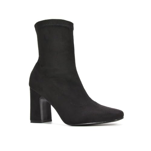 ESSEX GLAM Womens Ankle Boots Ladies Stretch Leg Block Mid Low Heel Black Faux Suede Chelsea Shoe Booties Size 3