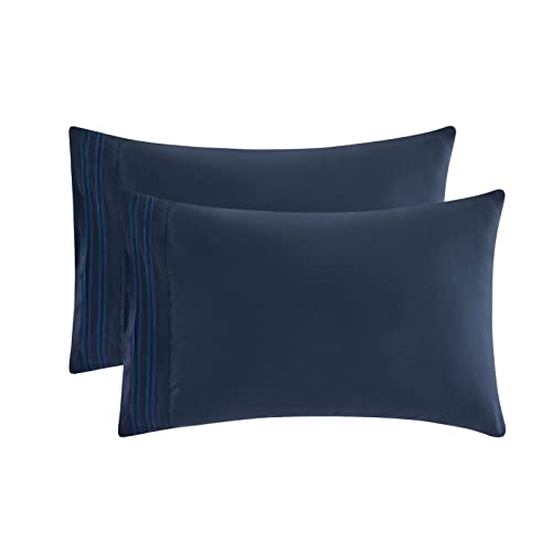 Queen Pillowcases Set of 2, Hypoallergenic Pillow Cases, 20 X 30, Soft Pillow Cases, Hotel Pillow Cases, Double Brushed Microfiber,4 Lines of Embroidery (Twin, Full, Queen, Navy)
