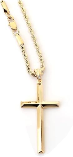 18K Gold Rope Chain Style Cross Pendant Necklace 3MM Cross Necklace Clasp for MEN, HUSBAND Thin for Charms Miami Cuban Link Diamond Cut Religious Beveled Edge