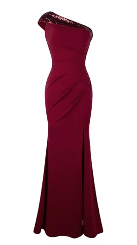 Angel-fashions Women's One Shoulder Sequin Trim Formal Dress Slit Evening