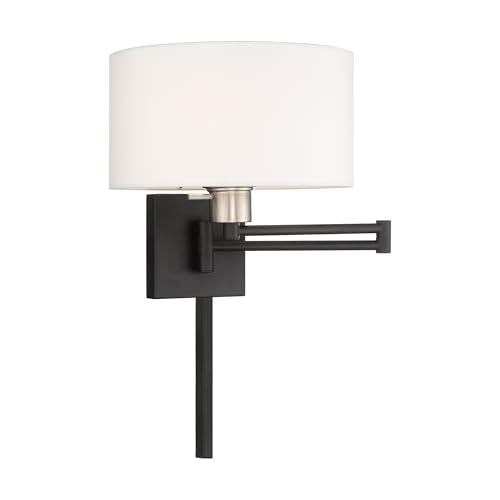 Image of Livex Lighting 40036-04 1-Light Swing Arm Wall Light, Black | Off-White Fabric Shade