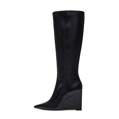 miss left Women Wide Calf Knee High Boots Closed Pointed Toe Wedge High Heel Side Zipper Party Club Dress Fashion Shoes Size 4-16 US2