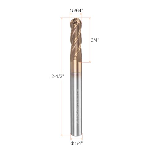 Image of HARFINGTON Ball Nose End Mill 4 Flute 15 /64 inch Diameter 1 /4 inch Shank Tungsten Carbide TIN Coated Spiral CNC Router Bits 3 /4 inch Cutting Length Single End Ball Cutting Tool for Carving Engraving