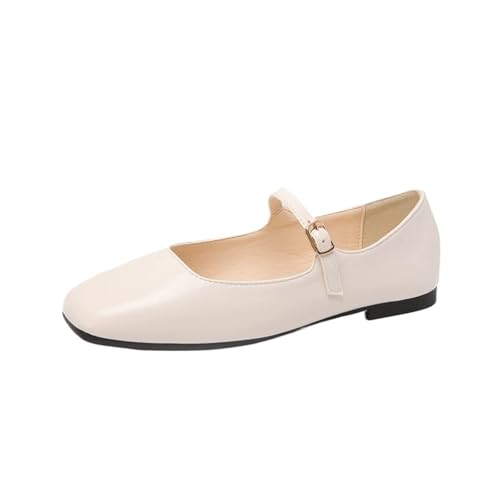 Women's Ballet Flats Square Toe Shallow Mouth Temperament Retro Female Mary Jane Shoes(White,5)