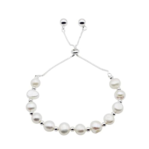 R.Universe White Natural Freshwater Pearl Slider Bracelet, Solid 925 Sterling Silver Wedding Jewellery Gift Ideas Mum Girlfriend Bridesmaid Gift for Her