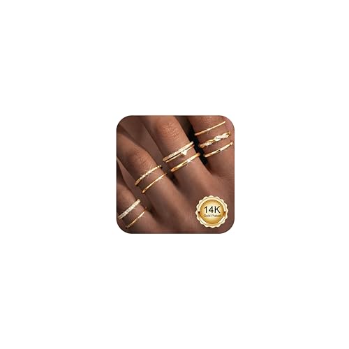 CASSIECA 9 Piezas Anillos Oro para Mujer, Ajustable Anillo con Circonita Cúbica Minimalista Anillo Pulgar Anillos de Compromiso Plata Oro Joyería para Novia Esposa Mamá