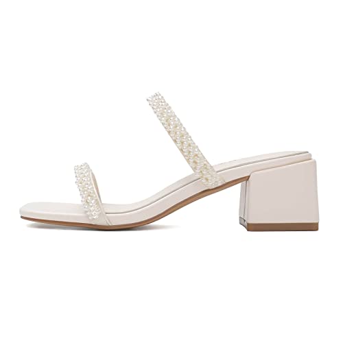 Shoe'N Tale Pearl Heels for Women Block Low Heel Heeled Sandals Square Toe Slip On Slide Mules2