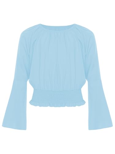 Kids Girls Off Shoulder Bell Long Sleeve T-Shirt Casual Solid Color Pullover Tops Blouses Summer Boho Shirts3