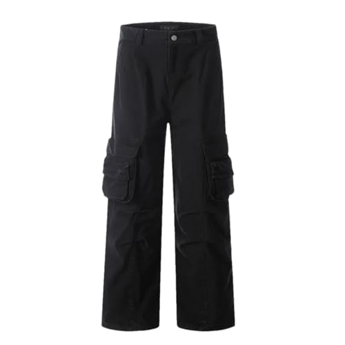 Men Multi Pockets Cargo Pants Loose Straight Leg American Pleated Design Overalls Summer Solid Color