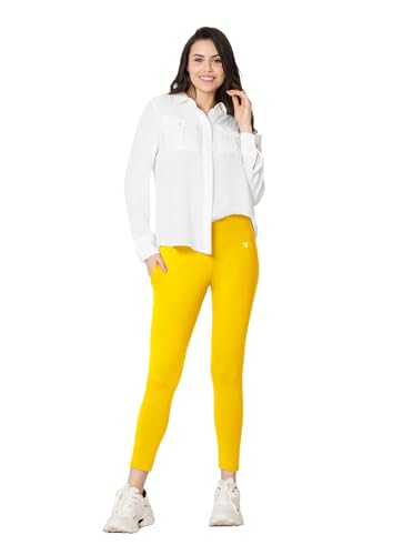Image of VSTAR PL02 Women Ankle Length Stretchable Slim Fit Leggings with Secured Side Pocket | Moisture-Wicking | Soft Waistband & Cotton-Elastane Fabric | XXL | Golden Yellow