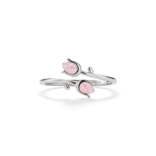 PERIMADE Bague empilable en quartz rose pour femme - Plaqué or 18 carats - Motif floral rose - Bague ouverte ouverte en argent sterling 925 - Bague de...