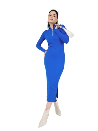 Image of Sassafras Women Bottle Rib High Neck Front Zipper Bodycon Midi Dress