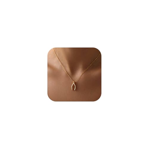 KISSCLOUD Gold Wishbone Necklace for Women 14K Gold Plated Dainty Pendant Chain Necklaces Lucky Charm Trendy Minimalist Jewelry Graduation Gift for Her