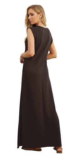 Image of GRECERELLE 2026 Women Year-Round Casual Round Neck Loose Split Wrinkle-Free Long Maxi Vacation Dress with Pockets (XXS-4XL)