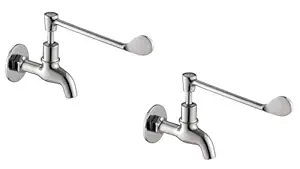 Kamal Full Brass Eco Elbow Action Bib Cock Tap Faucet with Wall Flange | Wall Mounted | Chrome Finish - Silver (Pack of 2)