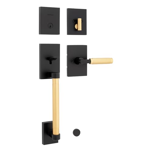 Image of Kwikset Prava Front Door Lock Handle and Deadbolt Set, Entry Handleset Exterior with Interior Reversible Lever, Matte Black and Satin Brass, Pick Resistant SmartKey Deadbolt