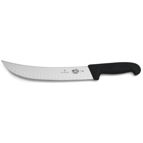 Victorinox Fibrox Cuchillo carnicero curvo con hendiduras, cuchillo de cocinero afilado grandes piezas de carne, 25 cm, hoja curva, acero inoxidable, negro