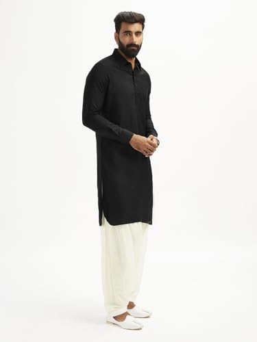 Image of VASTRAMAY Men's Black and White Viscose Pathani Kurta Set, Traditional Pathani Khan Suit Set in Viscose Fabric, and Salwar Patiala Pyjama for Weddings & Festival, Ethnic Outfit | Independence Day