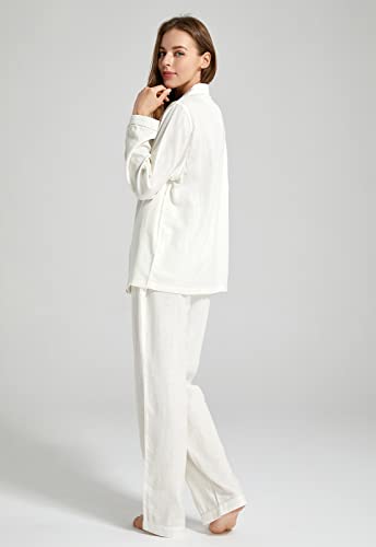 Image of Womens Muslin Pajama Set 100% Cotton Double Gauze Linen Like | Breathable Soft Comfort Button Up Loungewear Sleepwear PJ Set
