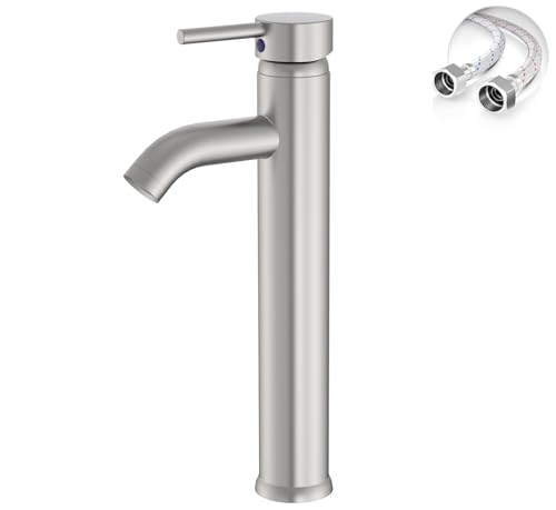 Brushed Nickel Bathroom Faucet, Greenspring Vessel Sink Faucet One Hole Single Handle Sink Faucets Modern Commercial Lavatory Vanity Bowl Faucets with Supply Line, Brass, Tall Body