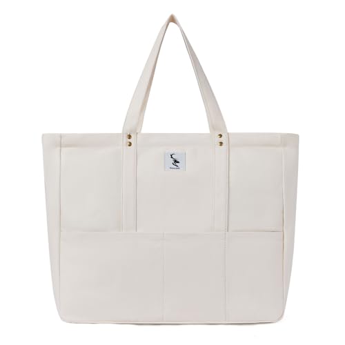 Roulens Large Canvas Tote Bag Reusable Grocery Shopping Bag, Top Zipper Closure for Daily Use