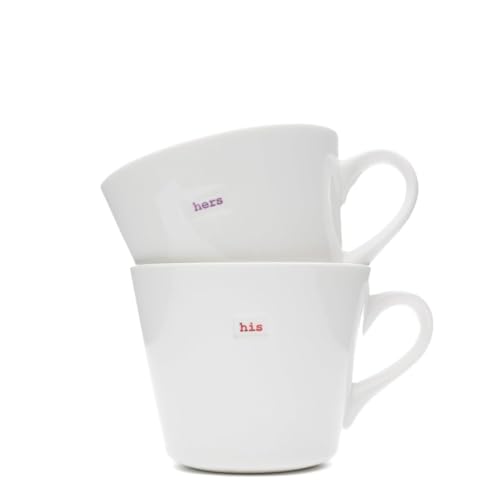 Keith Brymer Jones - Word Range - Medium Ceramic White Mug Pair - 350ml - his (red) & Hers (Lilac)