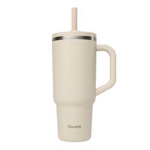 QWETCH Travel Cup Isotherme 900ml Étanche avec Paille Rabattable – Mug Isotherme Inox Recyclé avec Anse – Garde 48h Glacé / 12h Froid – Tumbler...