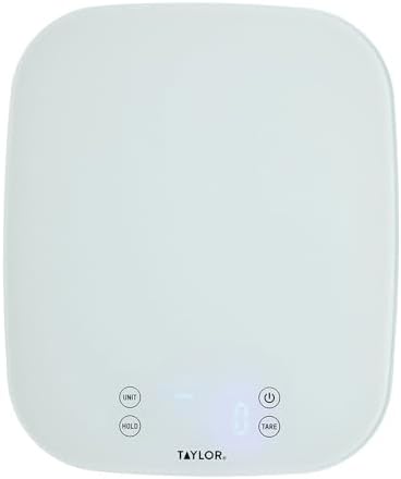 Taylor Pro Digital Kitchen Food Scales, Compact Professional Standard with Precision Accuracy and Waterproof Design with Tare Feature, White Glass, Weighs 14 kg/14 L Capacity