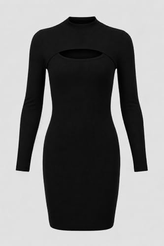 Image of Women's Ribbed Bodycon Mini Dress, Mock Neck, Long Sleeve, Cut-Out Detail, Black, Brown, Green