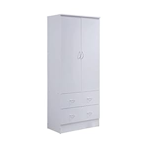 HODEDAH 2 Door Wood Wardrobe Bedroom Closet with Clothing Rod inside Cabinet and 2 Drawers for Storage, White