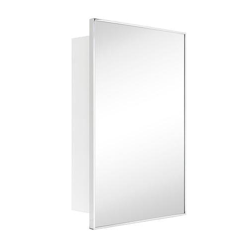 Image of TEHOME 24'' x 30'' Chrome Recessed and Surface Mount Bathroom Medicine Cabinet with Mirror Square Cornered Metal Framed Rounded Rectangle Medicine Cabinet Mirror