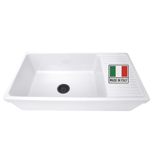 Highpoint Collection Farmhouse Sink – 36" White Fireclay Apron Farm Kitchen Sink, Built-In Drainboard, Single Bowl, Undermount, Reversible, Made in Italy – Easy Clean, Scratch Resistant HP-FCBIDB-W