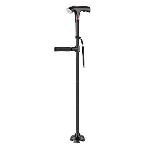 BAODBF Adjustable Folding Walking Stick for Men and Women, Double Handle Walking Stick, Offset Handle Walking Sticks with LED Light, Walking Aid for Seniors and Arthritis Patients