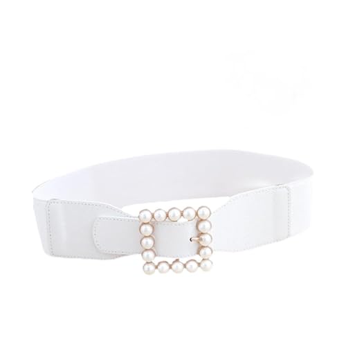 Pearl Waistband Belt with Square Buckle Elastic Ladies Decorative Cummerbund for Dresses Alloy Material White Fashion Accessory for Skirts and Pants