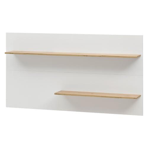 Lomadox Wohnwand mit Homeoffice-Lösung weiß mit Eiche 4-teilig modern, 1 Wandpaneel mit Beleuchtung, 1 TV-Hängeschrank, 1 Hängeschrank, 1 Hängesekretär – Bild 7