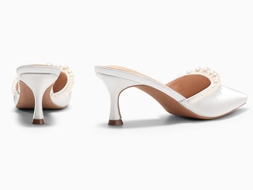Image of Coutgo Womens Pearl Kitten Heels Closed Pointed Toe Wedding Bride Dress Shoes Ankle Strap Satin Pumps