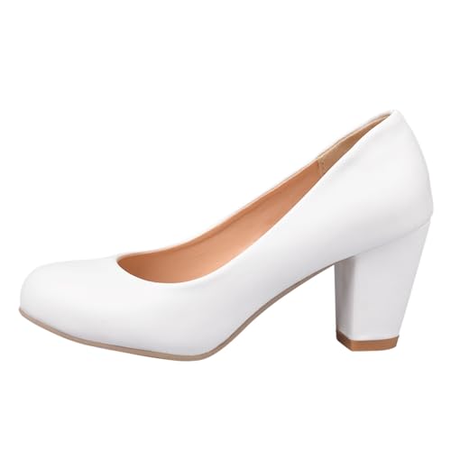 Women Chunky Block High Heels Wide Width Leather Round Toe Slip-on Pumps Wedding Party Dress 2.76 Inches Heels Shoes2
